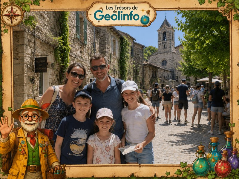 Une famille devant un château, cadre Geolinfo
